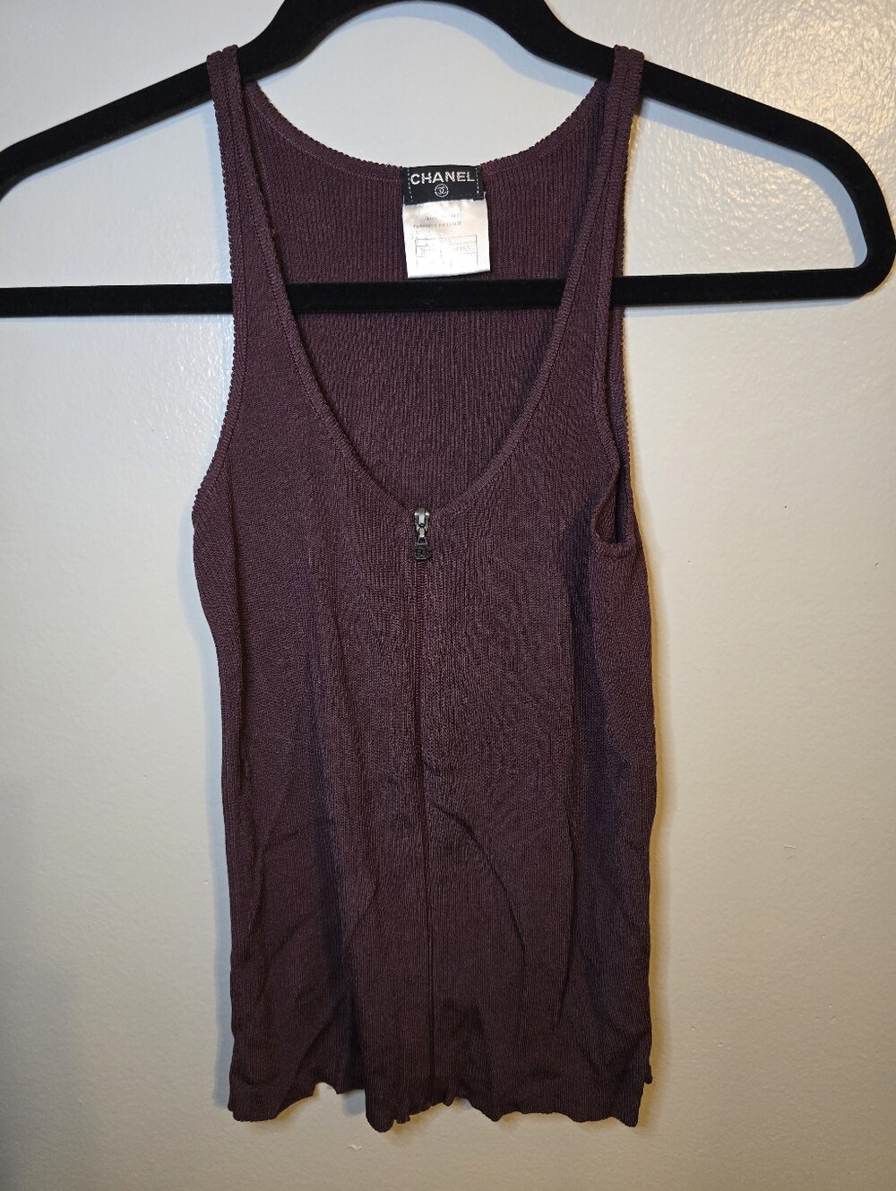 CHANEL Ribbed Zip-Front Tank Top in Dark Plum